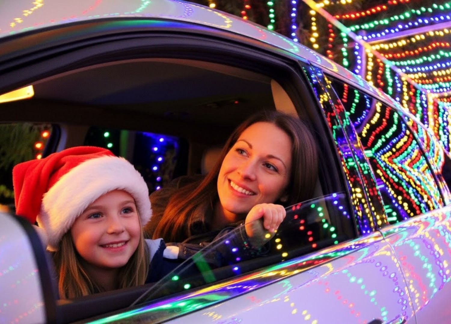 Mother & daughter driving through the Christmas Carnival of Lights light show and admiring all the dazzling lights