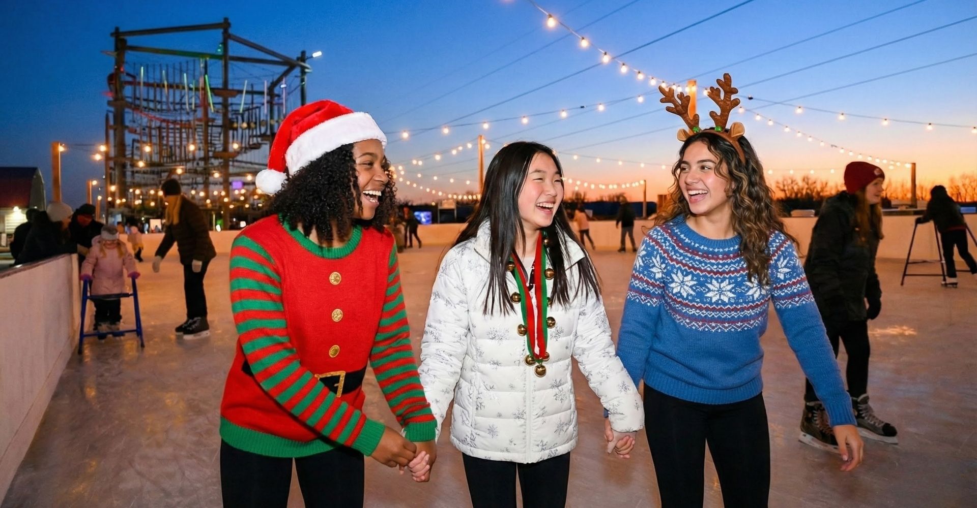 girls enjoying a festive birthday party on the outdoor ice rink at the Christmas Carnival of Lights girls enjoying a festive birthday party on the outdoor ice rink at the Christmas Carnival of Lights